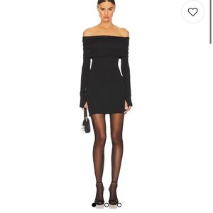 HELSA Matte Jersey Off Shoulder Mini Dress in Black